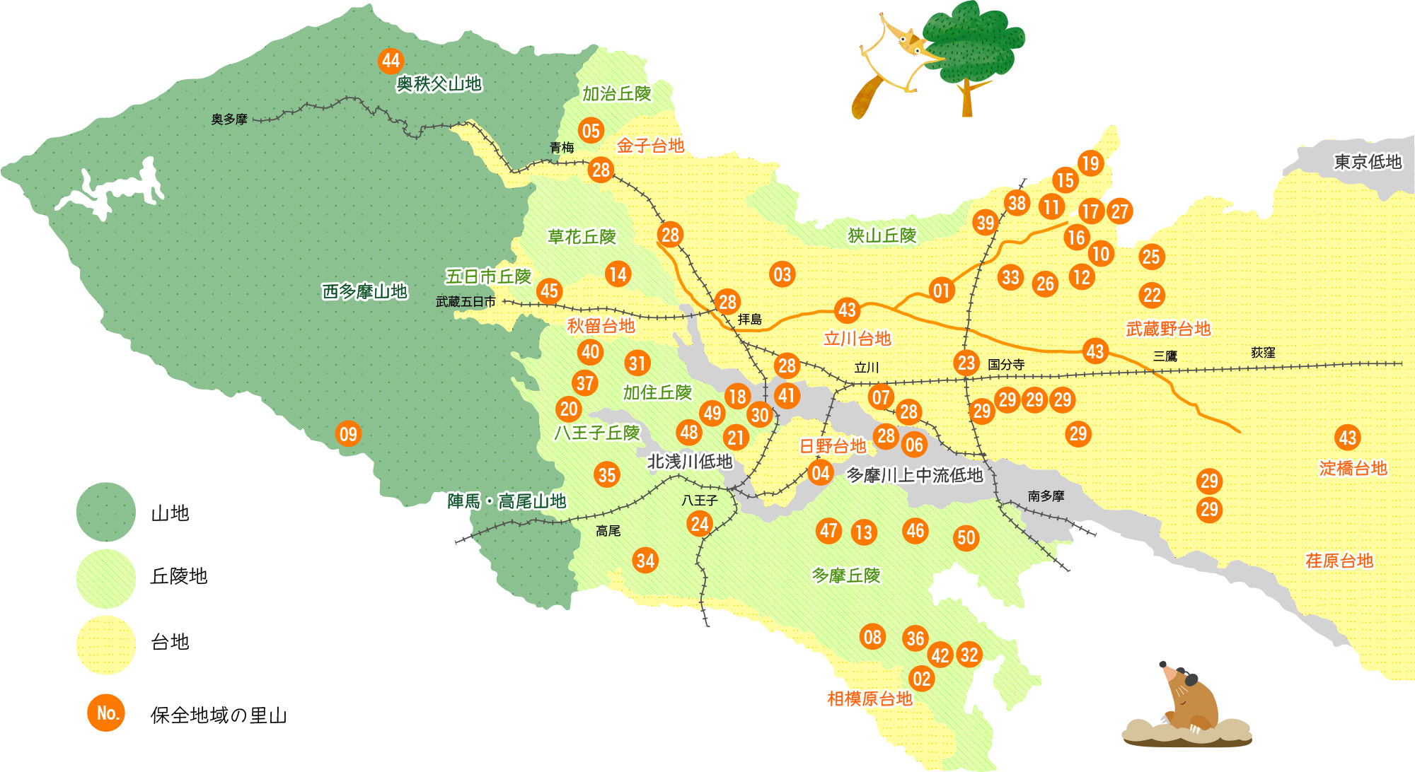 東京都の山地や丘陵地、台地の分布、保全地域の里山の場所が示された地図。