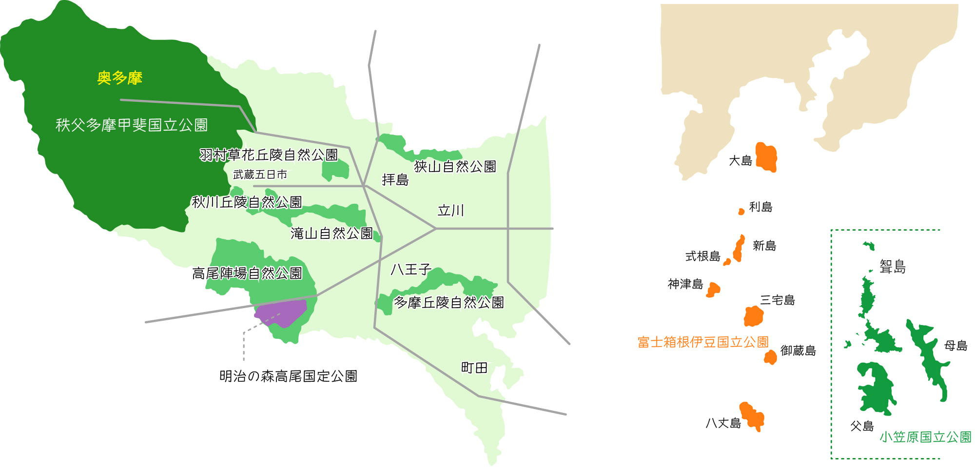 東京都の自然公園の場所が示された地図。
